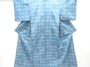 井桁絣に花模様織り出し手織り紬単衣着物